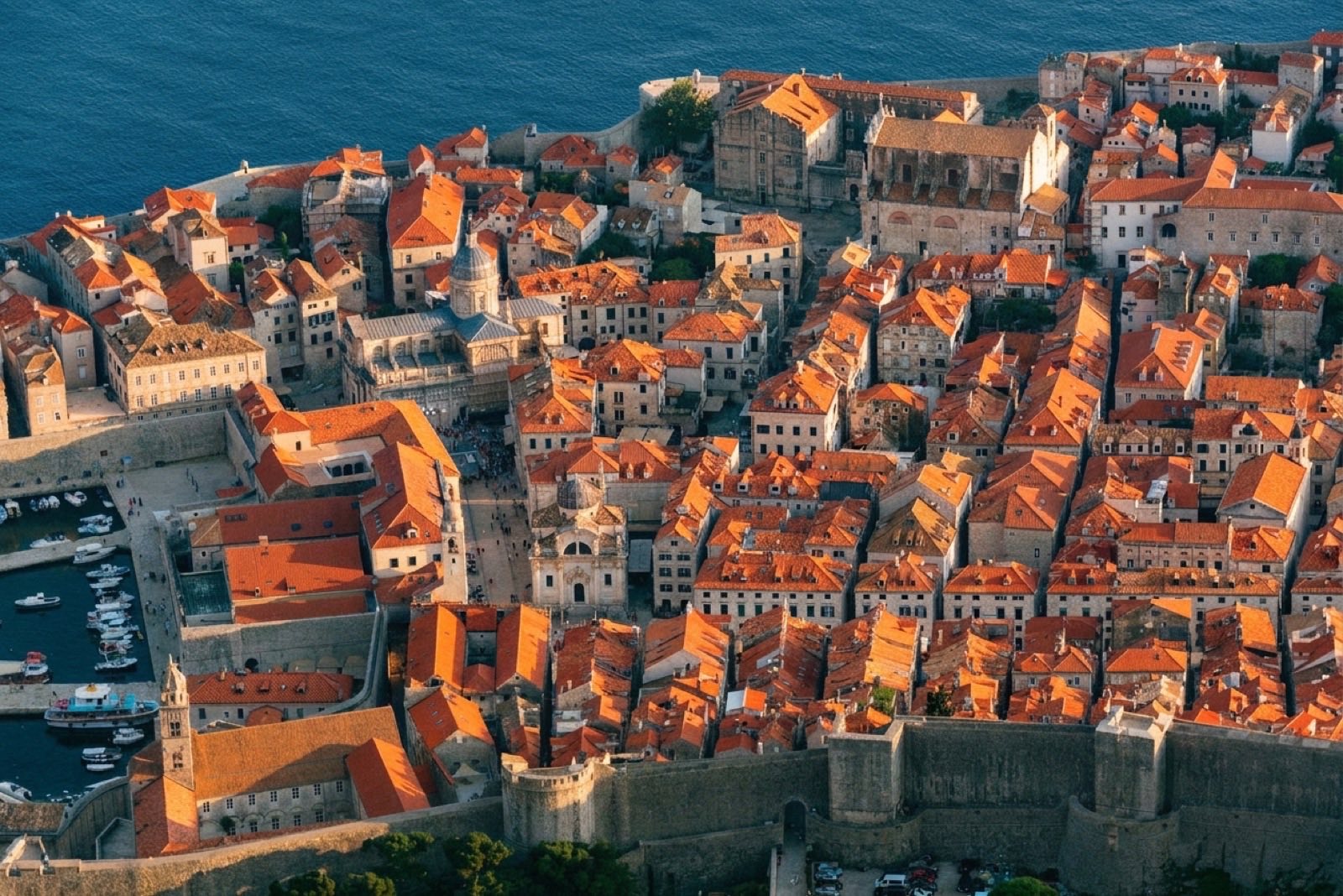 Die Dächer der Altstadt von Dubrovnik, gesehen von Srđ aus in der goldenen Stunde